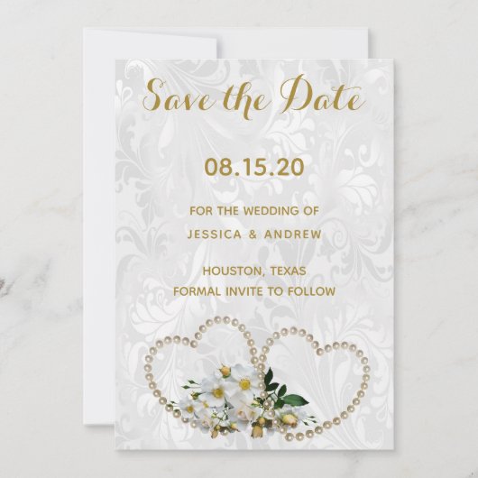 Pearl Hearts & Flower Damask Wedding Save the Date (Voorkant)