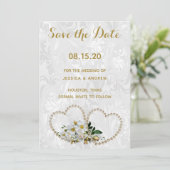 Pearl Hearts & Flower Damask Wedding Save the Date (Staand voorkant)