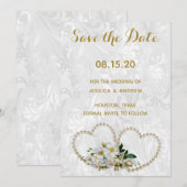 Pearl Hearts & Flower Damask Wedding Save the Date (Voorkant / Achterkant)