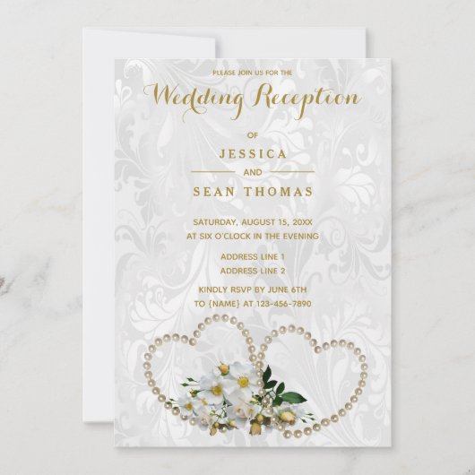 Pearl Hearts & Flowers Damask bruiloft receptie Kaart (Voorkant)