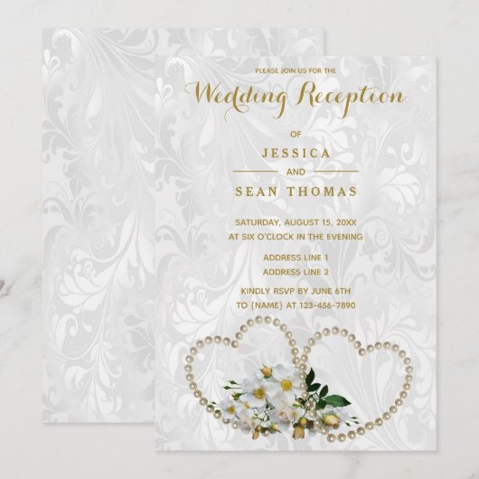 Pearl Hearts & Flowers Damask bruiloft receptie Kaart (Voorkant / Achterkant)