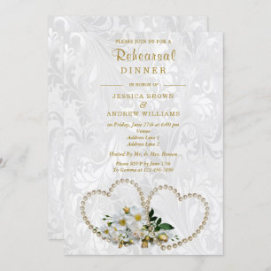 Pearl Hearts & Flowers Damask Rehearsal Dinner Kaart