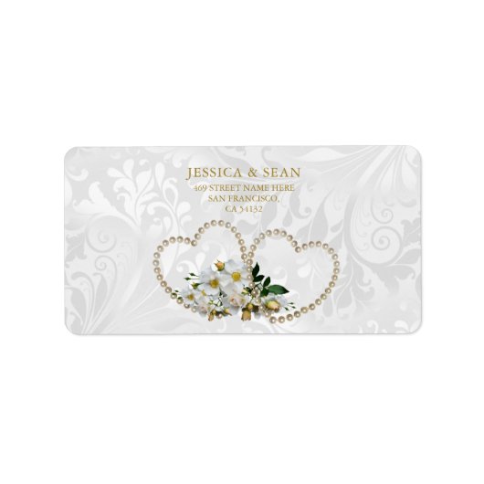 Pearl Hearts & Flowers Damask Wedding Etiket (Voorkant)