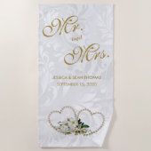 Pearl Hearts & Flowers Damask Wedding Strandlaken (Voorkant)