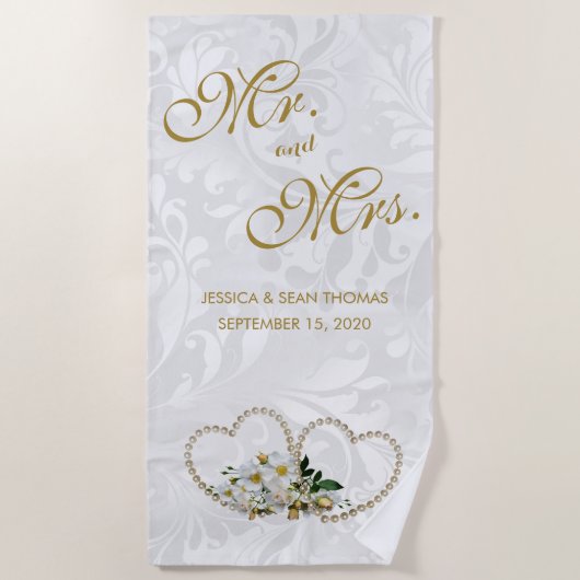 Pearl Hearts & Flowers Damask Wedding Strandlaken (Voorkant)