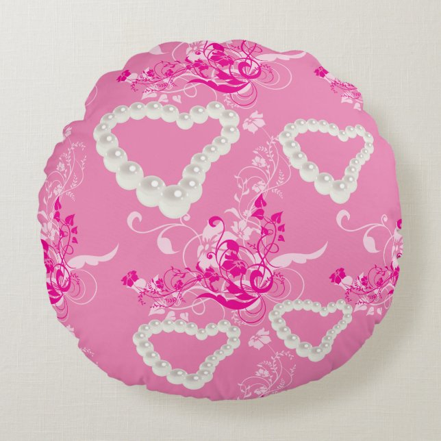 Pearl Hearts Pink Floral Round Sierkussen Rond Kussen (Voorkant)