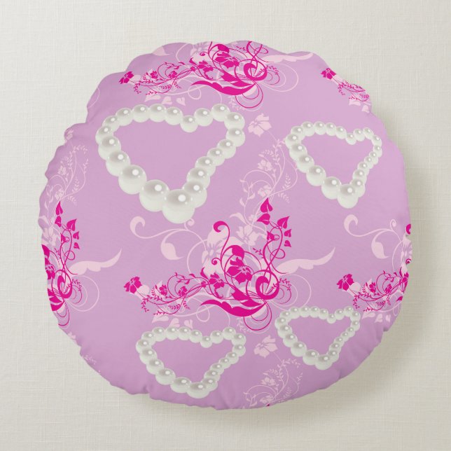 Pearl Hearts Pink Floral Swirl Mauve Sierkussen Rond Kussen (Voorkant)