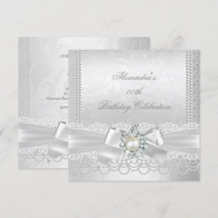 Pearl Lace Damask Diamond Silver White Bow Party Kaart