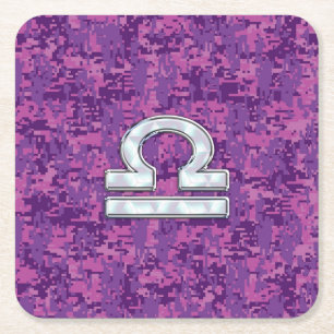 Pearl Libra Zodiac Sign on Fuchsia Digital Camo Kartonnen Onderzetters