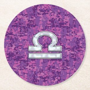 Pearl Libra Zodiac Sign on Fuchsia Digital Camo Ronde Kartonnen Onderzetter