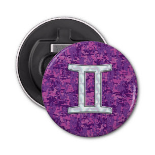 Pearl like Gemini Zodiac Sign on Digital Camo Button Flesopener