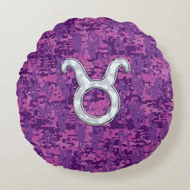Pearl like Taurus Zodiac Sign on Pink Digital Camo Rond Kussen (Voorkant)