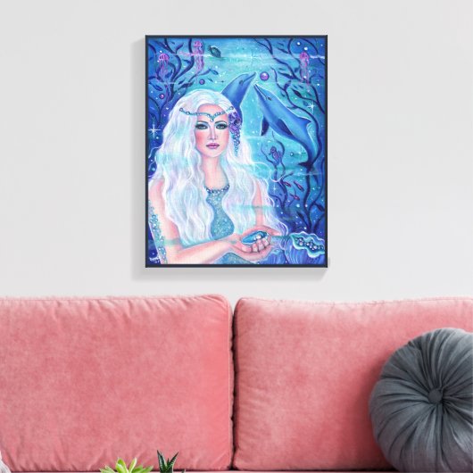 Pearl mermaid met dolfijnen van Renee L. Lavoie Canvas Afdruk (Insitu (Woonkamer))