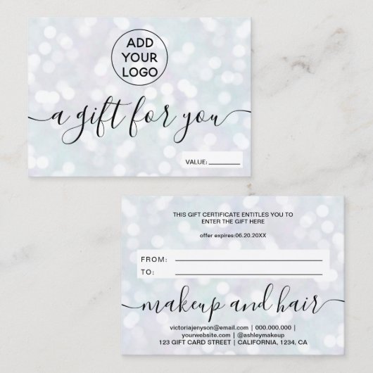 Pearl nacre glitter bokeh logo gift certificate visitekaartje (Voorkant / Achterkant)