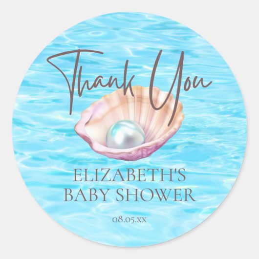 Pearl On The Way Seashell Girl Baby shower Ronde Sticker (Voorkant)