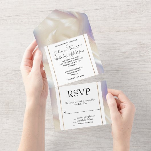 Pearl Paarse Aqua Elegante Glamoureuze Swirl All In One Uitnodiging (Afscheurbaar)