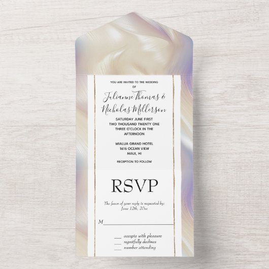 Pearl Paarse Aqua Elegante Glamoureuze Swirl All In One Uitnodiging (Binnen)