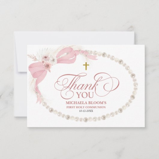 Pearl Pink Boho Eerste Heilige Communie Bedankkaart (Voorkant)