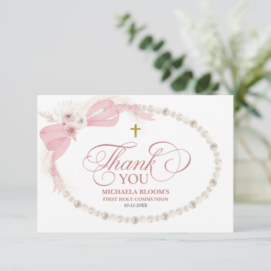 Pearl Pink Boho Eerste Heilige Communie Bedankkaart (Staand voorkant)