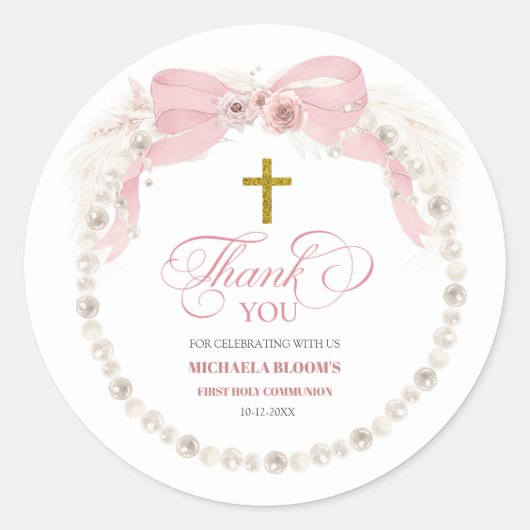 Pearl Pink Boho Eerste Heilige Communie Dank u Ronde Sticker (Voorkant)