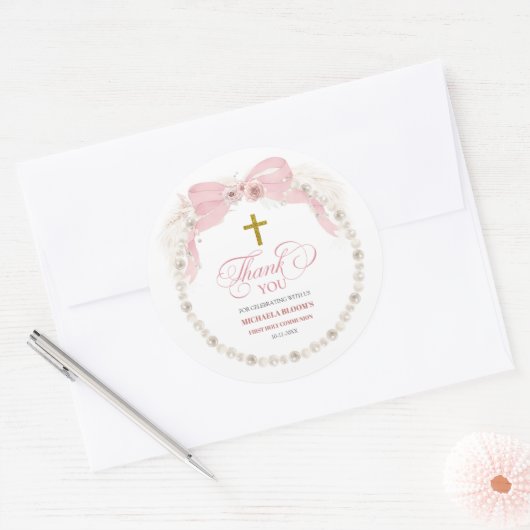 Pearl Pink Boho Eerste Heilige Communie Dank u Ronde Sticker (Envelop)