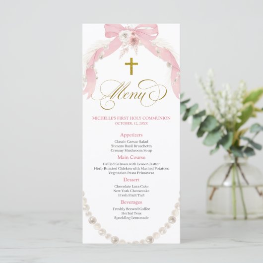Pearl Pink Boho Eerste Heilige Communie Menu Kaart (Staand voorkant)