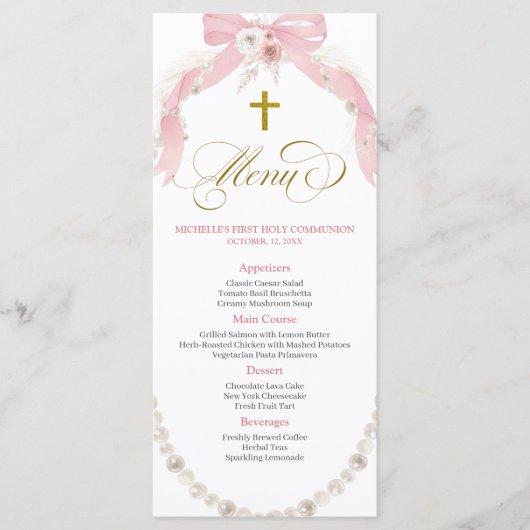 Pearl Pink Boho Eerste Heilige Communie Menu Kaart (Voorkant)
