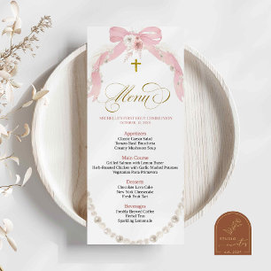 Pearl Pink Boho Eerste Heilige Communie Menu Kaart