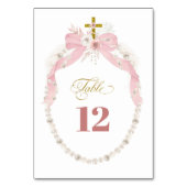 Pearl Pink Boho Eerste Heilige Communie Tafelnumme Kaart (Achterkant)