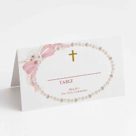 Pearl Pink Boho Eerste Heilige Communie Tafelnumme Plaatskaartje