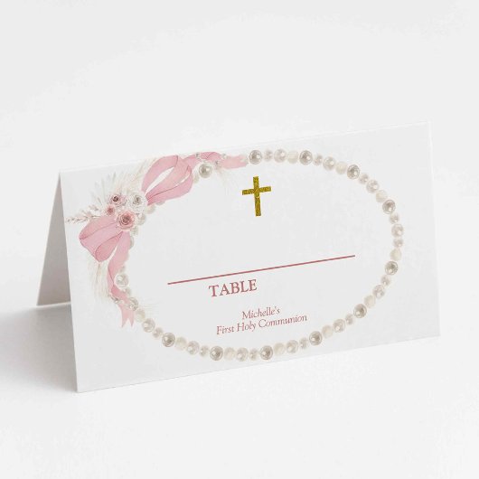 Pearl Pink Boho Eerste Heilige Communie Tafelnumme Plaatskaartje