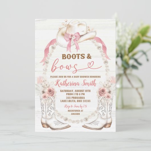 Pearl Pink Bow Coquette Boots en Bow Baby shower Kaart (Staand voorkant)