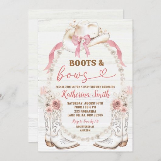 Pearl Pink Bow Coquette Boots en Bow Baby shower Kaart (Voorkant / Achterkant)