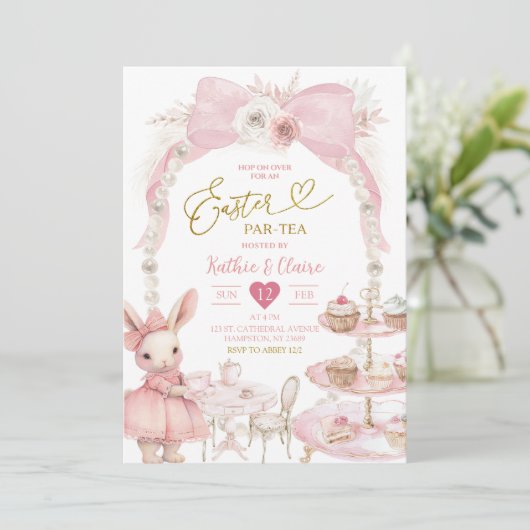 Pearl Pink Bow Coquette Pasen Par Tea Kaart (Staand voorkant)
