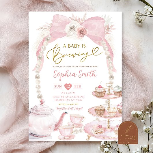 Pearl Pink Bow Tea Party Baby shower Kaart