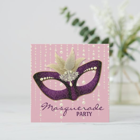 Pearl Pink Masquerade Party Uitnodigingen (Staand voorkant)