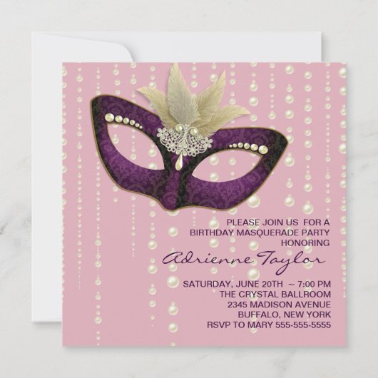 Pearl Pink Masquerade Party Uitnodigingen (Achterkant)