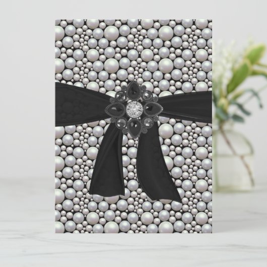 Pearl Ribbon & Rhinestone Uitnodiging (Staand voorkant)