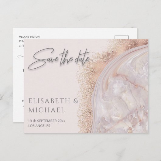 Pearl roos goudmarmer-agaatkalligrafie aankondigingskaart (Voorkant / Achterkant)