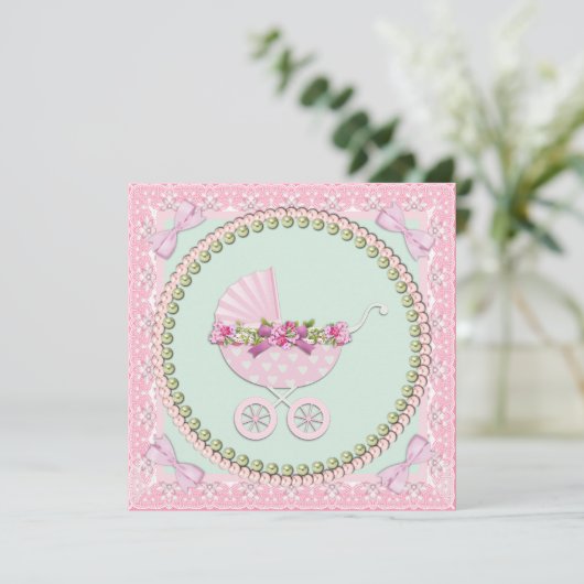 Pearl Roze en Groen Baby shower Kaart (Staand voorkant)
