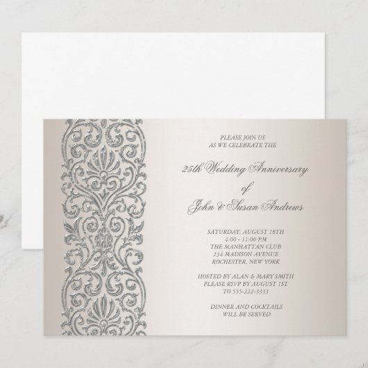 Pearl Silver Border 25th Jubileum Party Kaart (Voorkant / Achterkant)