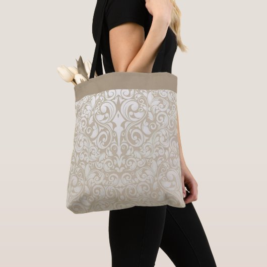 Pearl Silver Damask Pattern Canvas tas, groot Tote Bag (Dichtbij)