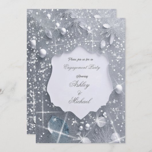 Pearl Silver Verlovingsfeest Glitter pailletten Kaart (Voorkant / Achterkant)