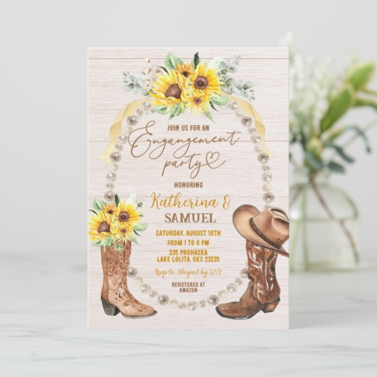 Pearl Sunflower Boots Engagement Party Uitnodiging (Staand voorkant)