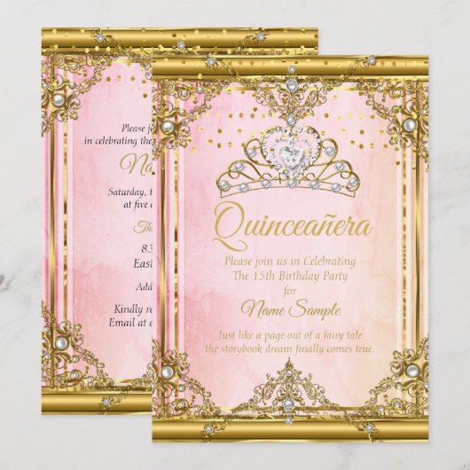 Pearl Tiara Quinceanera Invite Kaart (Voorkant / Achterkant)