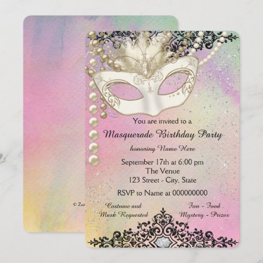Pearl Waterverf Masquerade Party Kaart (Voorkant / Achterkant)