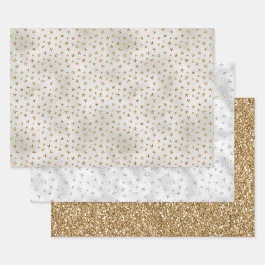 Pearl White Gold Glitter Sparkle Stars Inpakpapier Vel (Set)