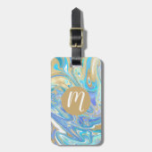 Pearlescent Aqua & Gold Liquid Marble Bagagelabel (Voorkant verticaal)