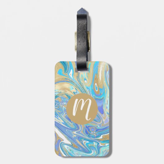 Pearlescent Aqua & Gold Liquid Marble Bagagelabel (Achterkant verticaal)