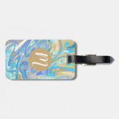 Pearlescent Aqua & Gold Liquid Marble Bagagelabel (Achterkant horizontaal)